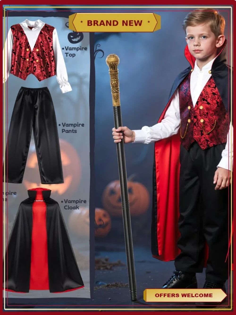 Boys Vampire Costume Set Classic Gothic Kids Cosplay Dress-Up Outfit